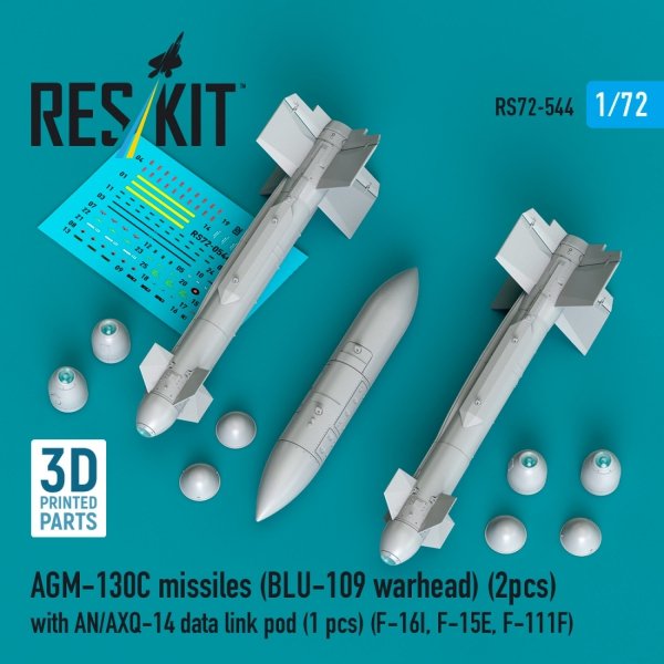 RESKIT RS72-0544 AGM-130C missiles (BLU-109 warhead) (2 pcs) with AN/AXQ-14 data link pod (1 pcs) (3D Printed) 1/72