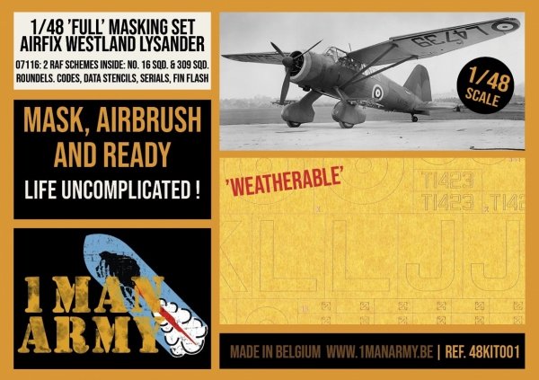 1 Man Army 48KIT001 Full Masking Set Westland Lysander (Airfix) 1/48