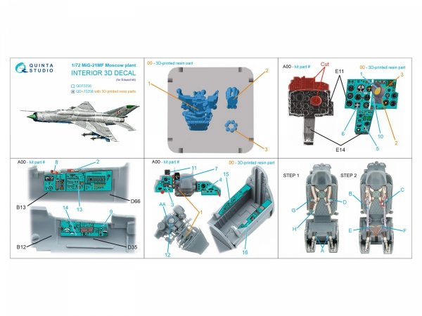 Quinta Studio QD+72258 MiG-21MF (Moscow plant) 3D-Printed &amp; coloured Interior on decal paper (Eduard) (with 3D-printed resin parts) 1/72