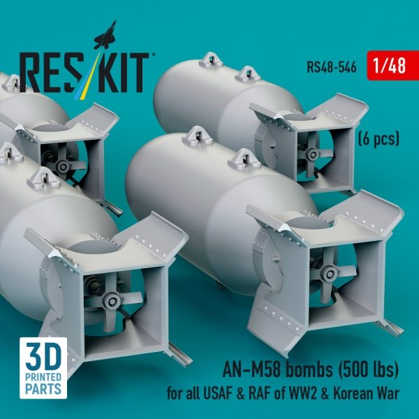 RESKIT RS48-0546 AN-M58 bombs (6 pcs) (500 lbs) for all USAF &amp; RAF of WW2 &amp; Korean War (3D Printed) 1/48