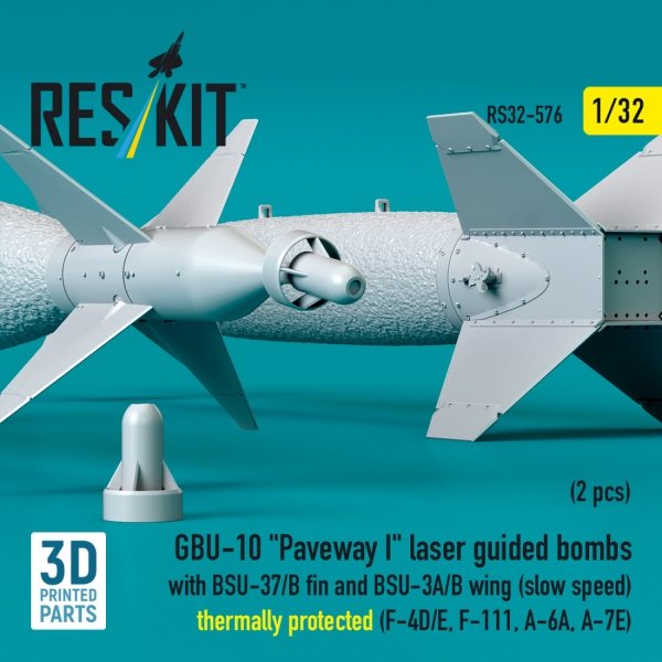 RESKIT RS32-0576 GBU-10 "Paveway I" laser guided bombs with BSU-37/B fin and BSU-3A/B wing (slow speed) thermally protected (2 pcs) (3D Printed) 1/32