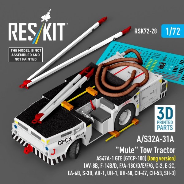 RESKIT RSK72-0028 A/S32A-31A "Mule" Tow Tractor AS47A-1 GTE (GTCP-100) (long version) (AV-8B, F-14B/D, F/A-18C/D/E/F/G, C-2, E-2С, EA-6B, S-3B, AH-1, UH-1, UH-60, CH-47, CH-53, SH-3) (3D Printed model kit) (1/72)