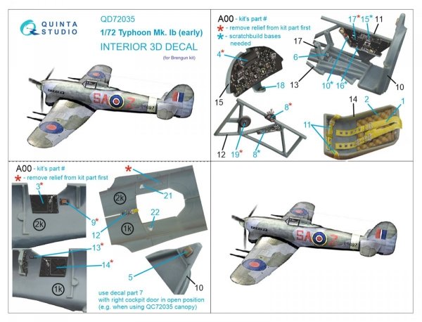 Quinta Studio QD72035 Hawker Typhoon Mk.1b (early) 3D-Printed &amp; coloured Interior on decal paper (Brengun) 1/72