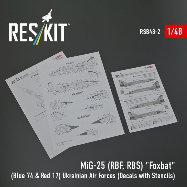 RESKIT RSB48-0002 MiG-25RBF, RBS "Foxbat" (Blue 74 &amp; Red 17) Ukrainian Air Forces (Decals with Stencils) 1/48