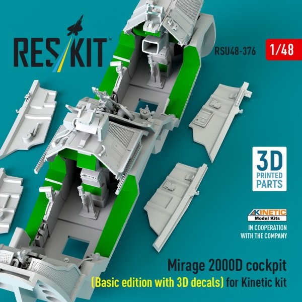 RESKIT RSU48-0376 Mirage 2000D cockpit (Basic edition with 3D decals) for Kinetic kit (3D Printed) 1/48