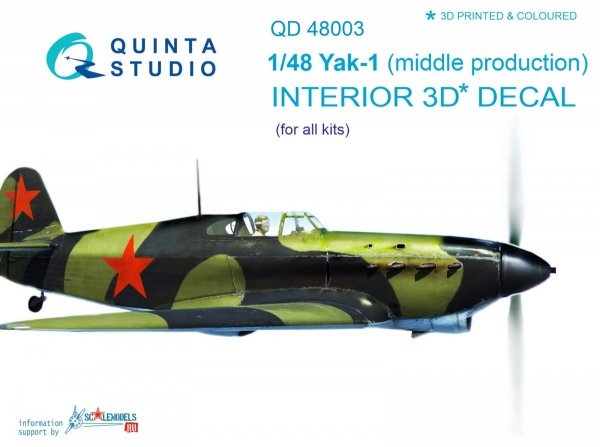Quinta Studio QD48003 Yak-1 (mid. production) 3D-Printed &amp; coloured Interior on decal paper (for all kits) 1/48