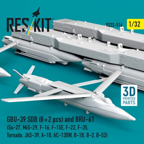 RESKIT RS32-0516 GBU-39 SDB (8 pcs) and BRU-61 (2 pcs) (Su-27, MiG-29, F-16, F-15E, F-22, F-35, Tornado, JAS-39, A-10, AC-130W, B-1B, B-2, B-52) (3D Printed) (1/32)