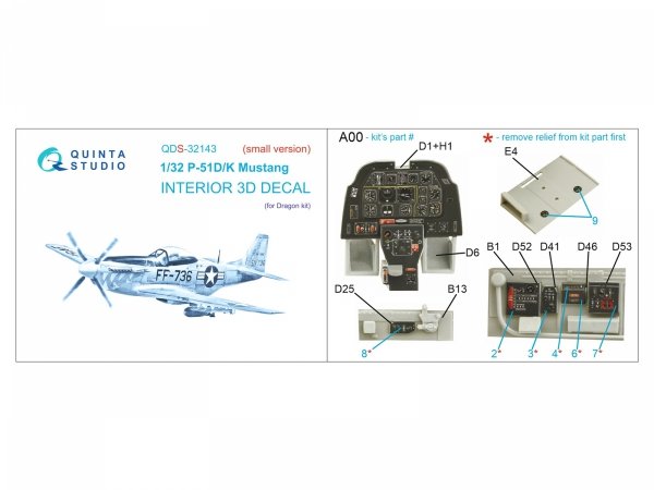Quinta Studio QDS-32143 P-51D/K Mustang 3D-Printed coloured Interior on decal paper (Dragon) (Small version) 1/32