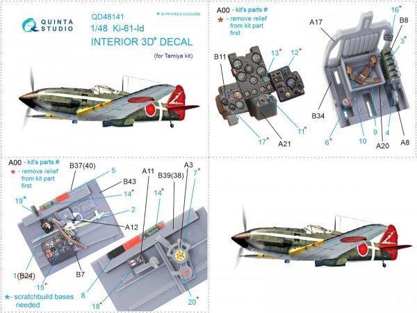 Quinta Studio QD48141 Ki-61-Id 3D-Printed &amp; coloured Interior on decal paper (Tamiya) 1/48