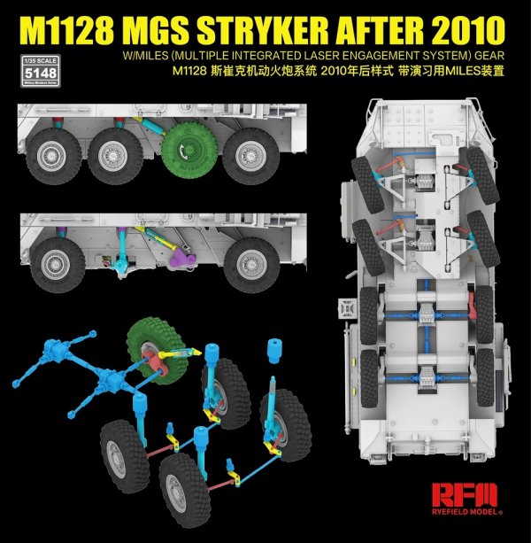 Rye Field Model 5148 M1128 MGS Stryker After 2010 with 3D Printed Gun Barrel w/ Miles (Multiple Integrated Laser Engagement System) Gear 1/35