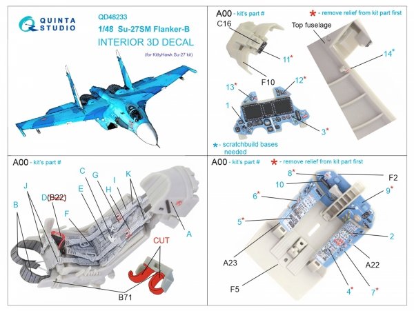 Quinta Studio QD48233 Su-27SM 3D-Printed &amp; coloured Interior on decal paper (KittyHawk) 1/48