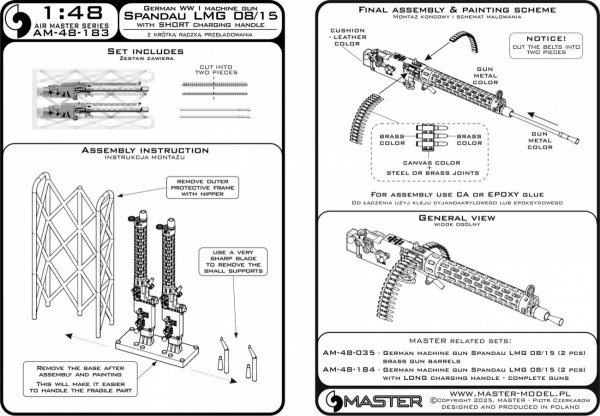 Master AM-48-183 Niemiecki km z okresu I w.św. Spandau LMG 08/15 (2 szt.) - z KRÓTKĄ rączką przeładowania - wydruki 3D i mosiężne lufy 1/48