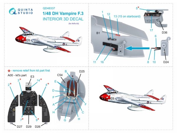 Quinta Studio QD48337 DH Vampire F.3 3D-Printed coloured Interior on decal paper (Airfix) 1/48
