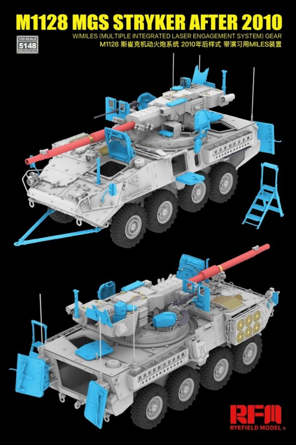 Rye Field Model 5148 M1128 MGS Stryker After 2010 with 3D Printed Gun Barrel w/ Miles (Multiple Integrated Laser Engagement System) Gear 1/35