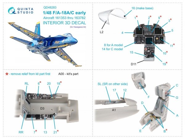 Quinta Studio QD48283 F/A-18A / C early 3D-Printed &amp; coloured Interior on decal paper (Hasegawa) 1/48