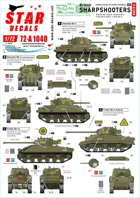 Star Decals 72-A1040 British Sharpshooters 75th D-Day Special. Sherman tanks of 3rd/4th County of London Yeomanry 1/72