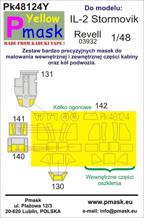 P-Mask PK48124Y IL-2 Stormovik (Revell 03932) Maski z żółtego materiału kabuki 1/48
