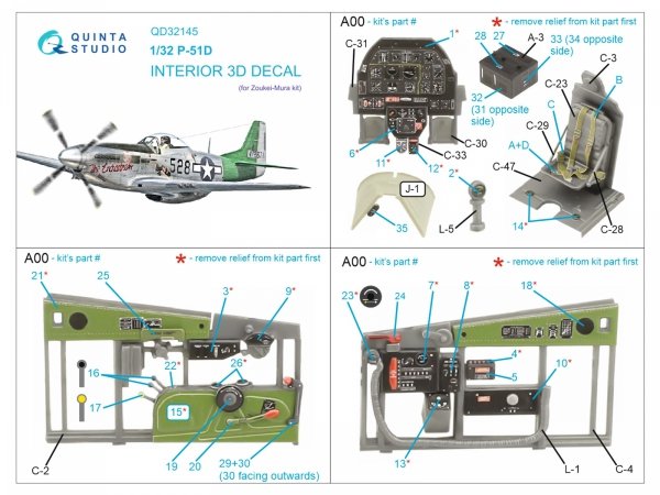 Quinta Studio QD32145 P-51D Mustang 3D-Printed &amp; coloured Interior on decal paper (Zoukei-Mura SWS) 1/32