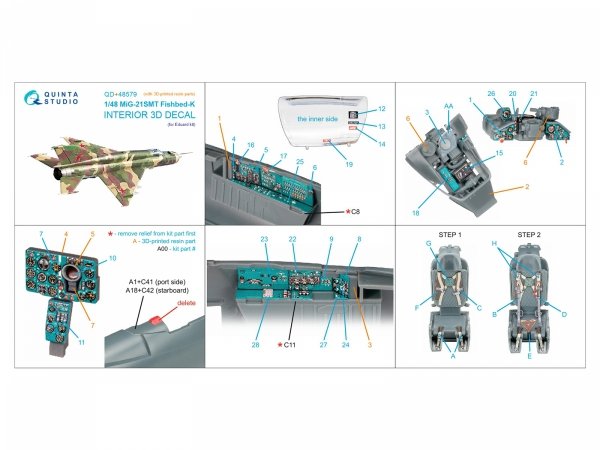 Quinta Studio QD+48579 MiG-21SMT Fishbed-K 3D-Printed &amp; coloured Interior on decal paper (Eduard) (with 3D-printed resin parts) 1/48