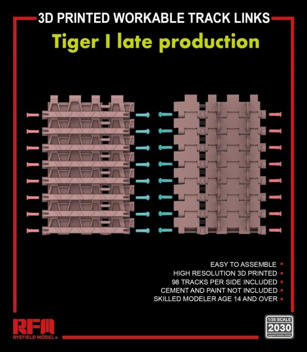 Rye Field Model 2030 TIGER I LATE PRODUTION 3D PRINTED WORKABLE TRACK 1/35