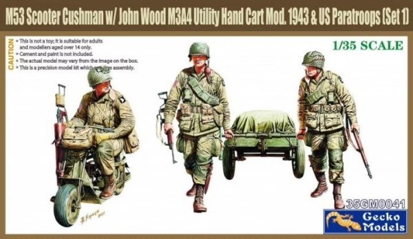 Gecko Models 35GM0041 M53 Scooter Cushman w/John Wood M3A4 Utility Hand Cart Mod.1943 &amp; US Paratroops 1/35