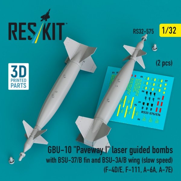 RESKIT RS32-0575 GBU-10 "Paveway I" laser guided bombs with BSU-37/B fin and BSU-3A/B wing (slow speed) (2 pcs) (3D Printed) 1/32
