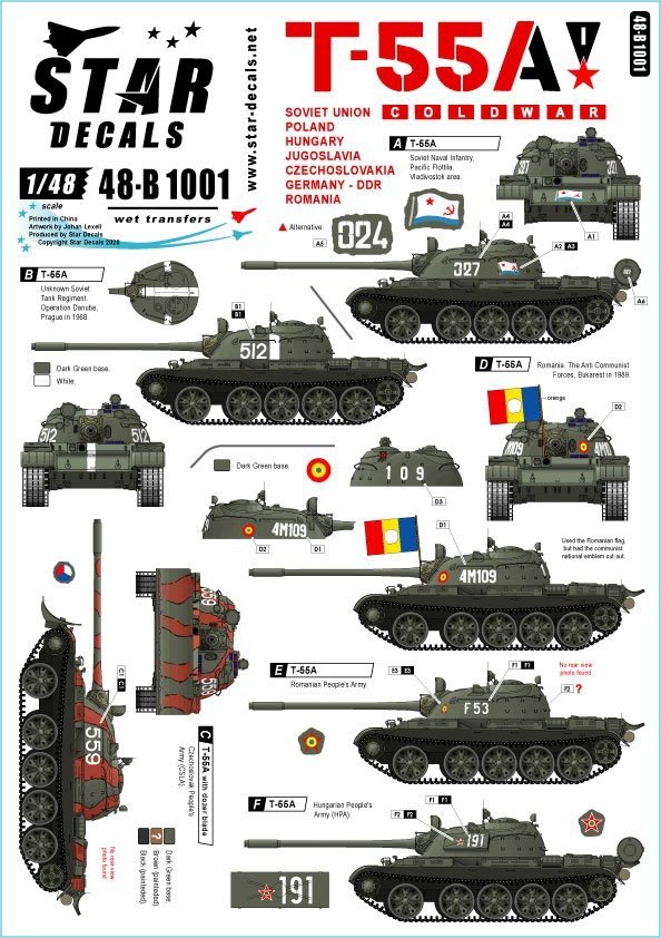 Star Decals 48-B1001 T-55A Tanks 1. Cold War. Soviet (Army and Naval Infantry), Poland, Hungary, Czechoslovakia, Germany (DDR), Romania and Jugoslavia 1/48