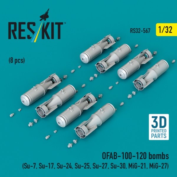 RESKIT RS32-0567 OFAB-100-120 bombs (8 pcs) (Su-7, Su-17, Su-24, Su-25, Su-27, Su-30, MiG-21, MiG-27) (3D Printed) (1/32)