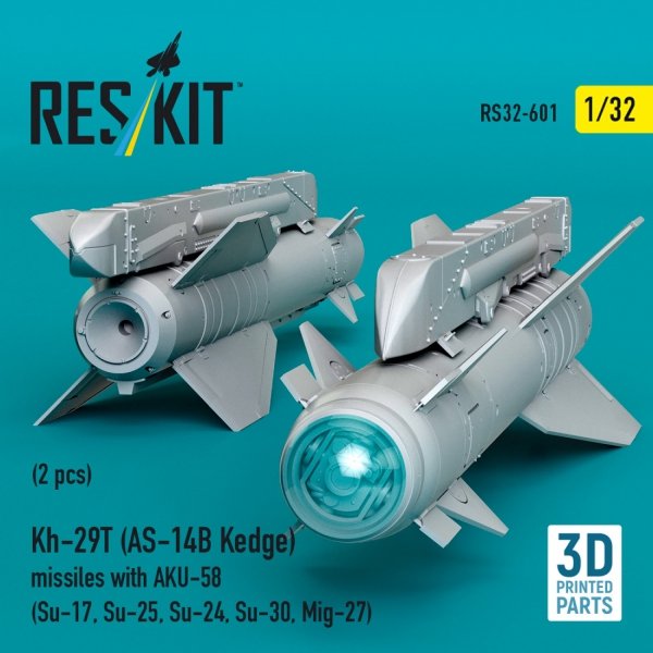 RESKIT RS32-0601 Kh-29T (AS-14B Kedge) missiles with AKU-58 (2 pcs) (Su-17, Su-25, Su-24, Su-30, Mig-27) (3D Printed) (1/32)
