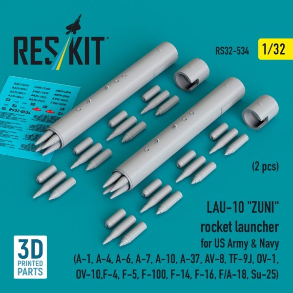 RESKIT RS32-0534 LAU-10 "ZUNI" rocket launcher for US Army &amp; Navy (2 pcs) (A-1, A-4, A-6, A-7, A-10, A-37, AV-8, TF-9J, OV-1, OV-10, F-4, F-5, F-100, F-14, F-16, F/A-18, Su-25) (3D Printed) (1/32)