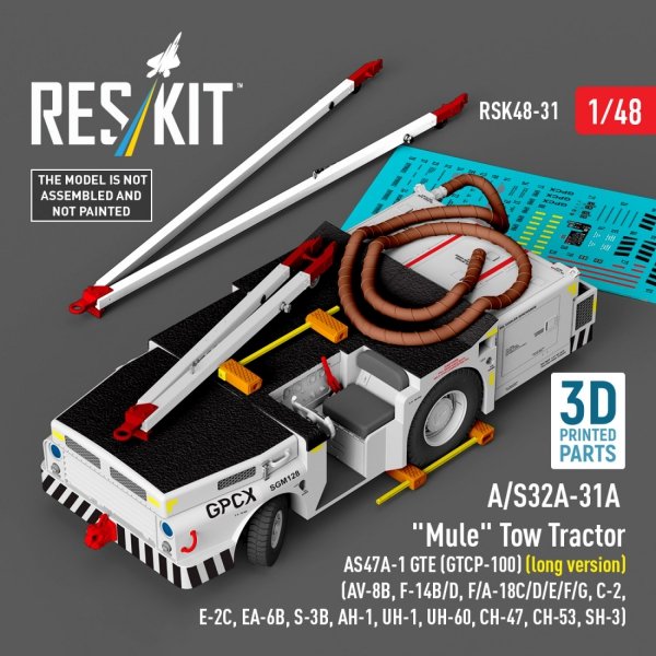 RESKIT RSK48-0031 A/S32A-31A "Mule" Tow Tractor AS47A-1 GTE (GTCP-100) (long version) (AV-8B, F-14B/D, F/A-18C/D/E/F/G, C-2, E-2С, EA-6B, S-3B, AH-1, UH-1, UH-60, CH-47, CH-53, SH-3) (3D Printed model kit) (1/48)