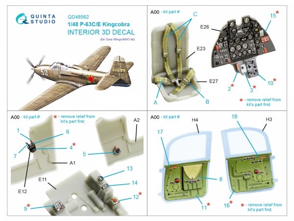 Quinta Studio QD48562 P-63C/E Kingcobra 3D-Printed &amp; coloured Interior on decal paper (Dora Wings/AMG) 1/48