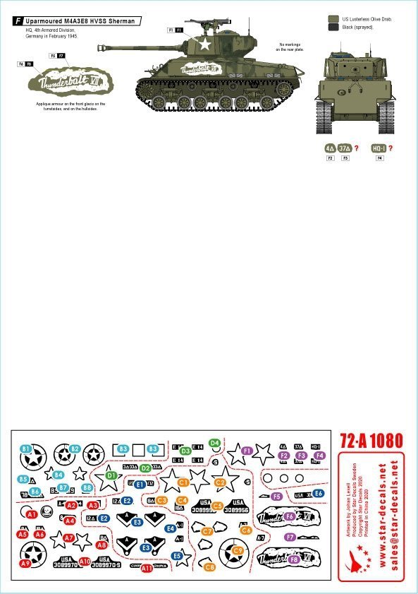 Star Decals 72-A1080 US Armor Mix # 1. US M4A3E8 'Easy Eight' tanks in NV Europe 1944-45 1/72