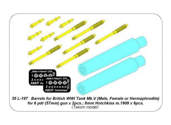 Aber 35L-197 Barrels for British WWI Tank Mk.V (Male, Female or Hermaphrodite) for 6 pdr (57mm) gun x 2pcs. 8mm Hotchkiss m.1909 x 6pcs. (1:35)