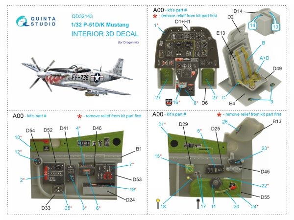 Quinta Studio QD32143 P-51D/K Mustang 3D-Printed &amp; coloured Interior on decal paper (Dragon) 1/32