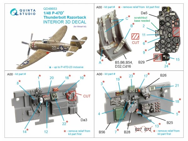 Quinta Studio QD48653 P-47D Thunderbolt Razorback 3D-Printed &amp; coloured Interior on decal paper (Miniart) 1/48