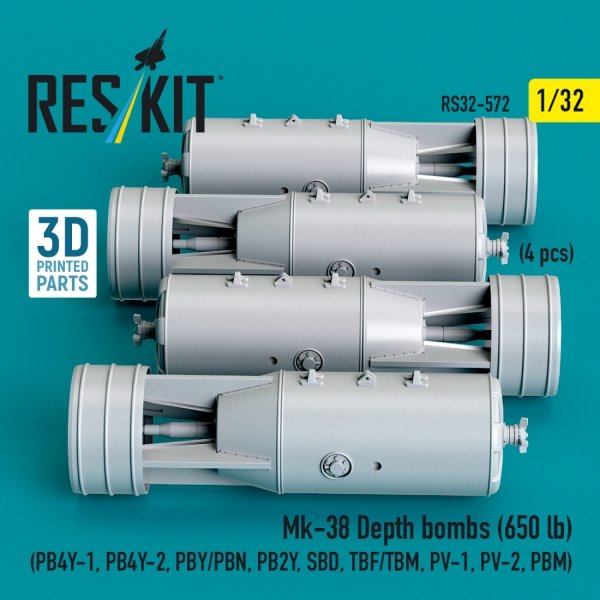 RESKIT RS32-0572 Mk-38 Depth bombs (650 lb) (4 pcs) (PB4Y-1, PB4Y-2, PBY/PBN, PB2Y, SBD, TBF/TBM, PV-1, PV-2, PBM) (3D Printed) (1/32)