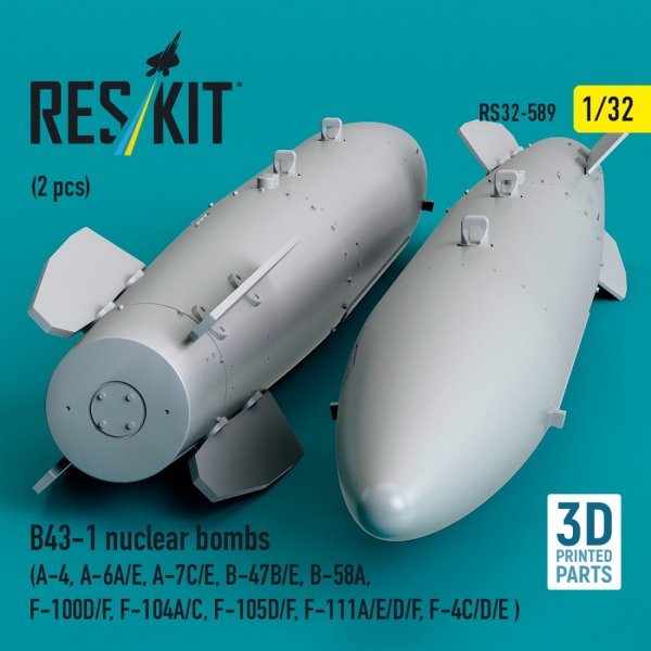 RESKIT RS32-0589 B43-1 nuclear bombs (2 pcs) (A-4, A-6A/E, A-7C/E, B-47B/E, B-58A, F-100D/F, F-104A/C, F-105D/F, F-111A/D/E/F, F-4C/D/E ) (3D Printed) (1/32)
