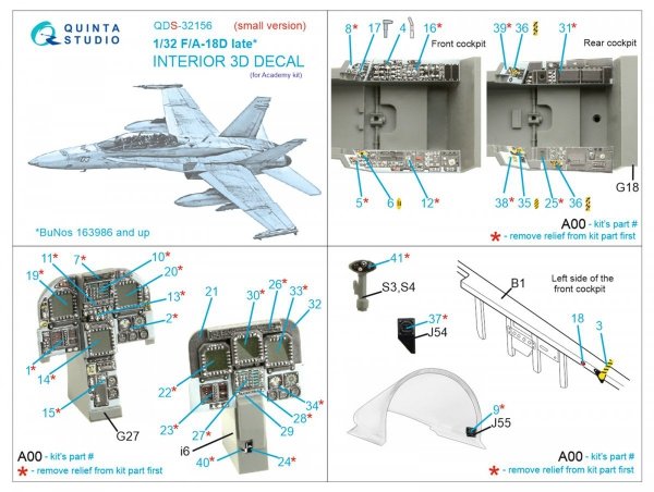 Quinta Studio QDS-32156 F/A-18D late 3D-Printed &amp; coloured Interior on decal paper (Academy) (Small version) 1/32