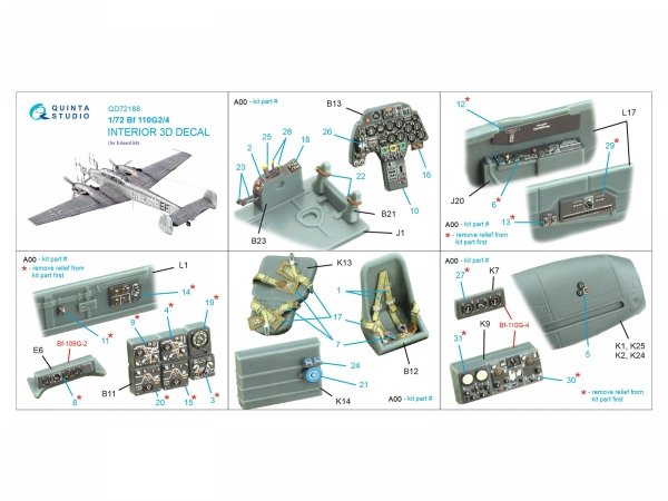 Quinta Studio QD72188 Bf 110G2/4 3D-Printed &amp; coloured Interior on decal paper (Eduard) 1/72