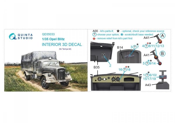 Quinta Studio QD35033 Opel Blitz 3D-Printed &amp; coloured Interior on decal paper (Tamiya) 1/35
