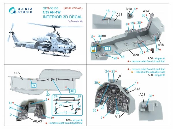 Quinta Studio QDS-35153 AH-1W 3D-Printed &amp; coloured Interior on decal paper (Trumpeter) (Small version) 1/35
