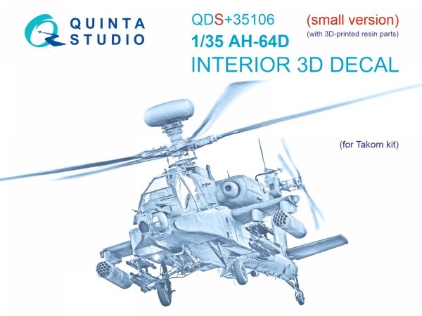 Quinta Studio QDS+35106 AH-64D 3D-Printed &amp; coloured Interior on decal paper (Takom) (Small version) (with 3D-printed resin parts) 1/35