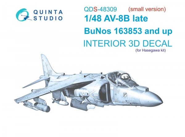 Quinta Studio QDS-48309 AV-8B Late 3D-Printed &amp; coloured Interior on decal paper (Hasegawa) (Small version) 1/48