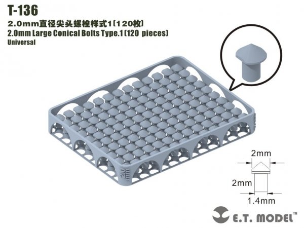 E.T. Model T-136 2.0mm Large Conical Bolts Type.1 120 pieces