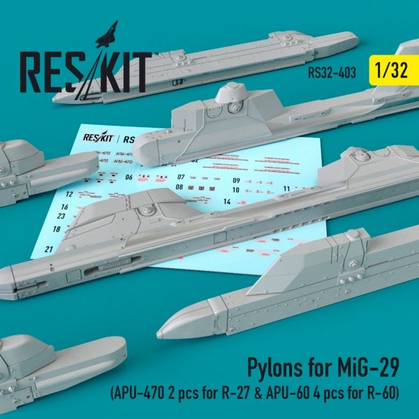 RESKIT RS32-0403 PYLONS FOR MIG-29 (APU-470 2 PCS FOR R-27 &amp; APU-60 4 PCS FOR R-60) 1/32