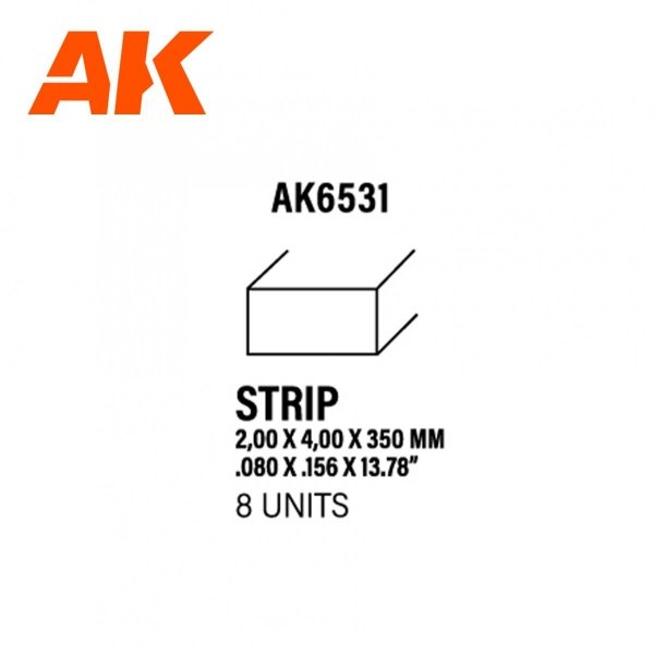 AK Interactive AK6531 STRIPS 2.00 X 4.00 X 350MM – STYRENE STRIP – (8 UNITS)