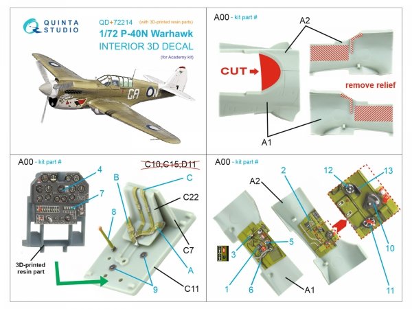 Quinta Studio QD+72214 P-40N Warhawk 3D-Printed &amp; coloured Interior on decal paper (Academy) (with 3D-printed resin parts) 1/72