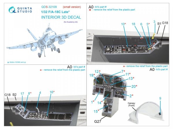 Quinta Studio QDS-32109 F/A-18C Late 3D-Printed &amp; coloured Interior on decal paper (Academy) (Small version) 1/32