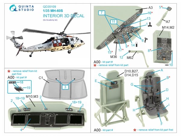 Quinta Studio QD35109 MH-60S 3D-Printed &amp; coloured Interior on decal paper (Academy) 1/35